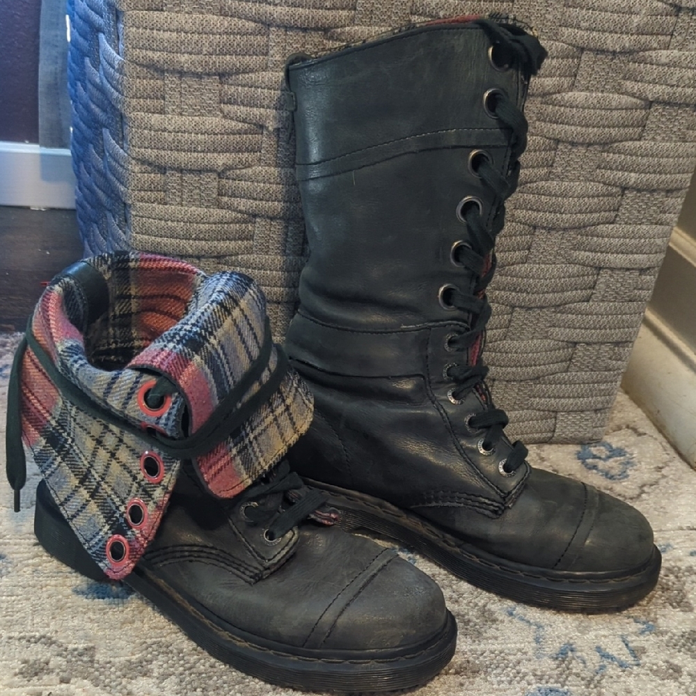 Triumph Black Combat Boots with Plaid Lining